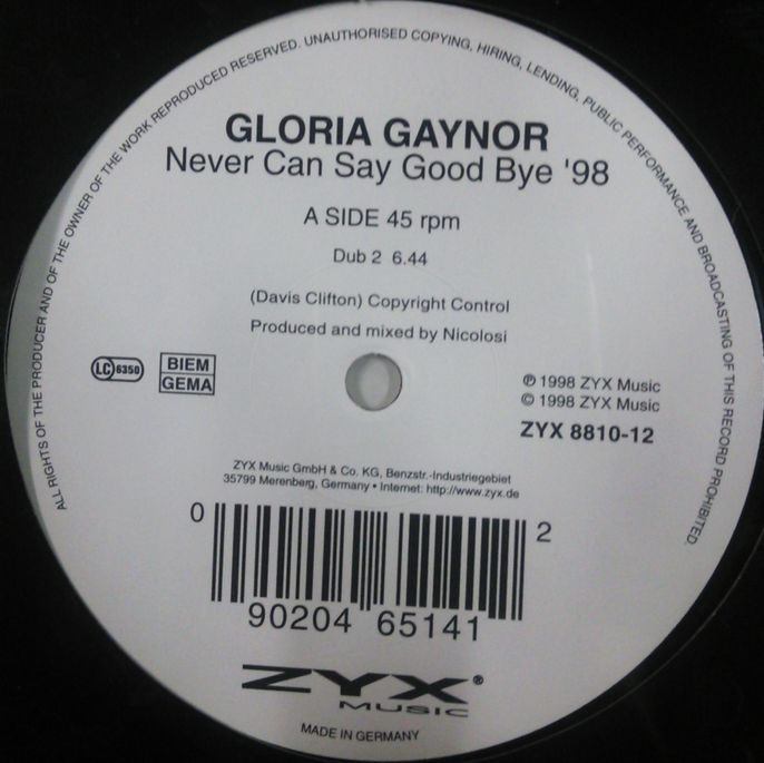 画像1: $$ Gloria Gaynor ‎/ Never Can Say Good Bye '98 (ZYX 8810-12) YYY301-3771-1-1 